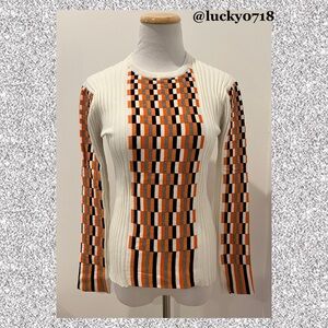 YAL New York NWT White Racer Check Ribbed Fitted Sweater Sz S